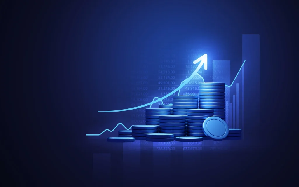 Blue money business graph finance chart diagram on economy 3d coin background with growth financial data concept or investment market profit bar and success market stock technology currency report.